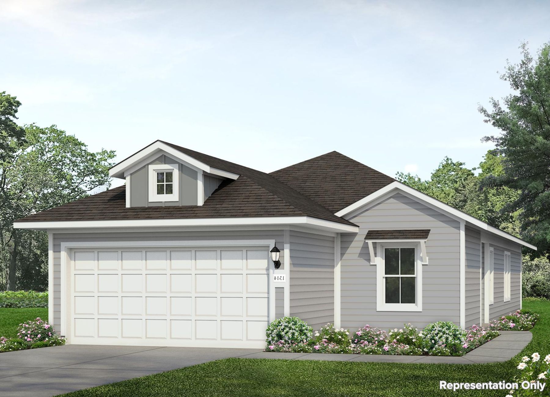 Rendering of one-story grey home with white trim and garage door, green grass, and sky