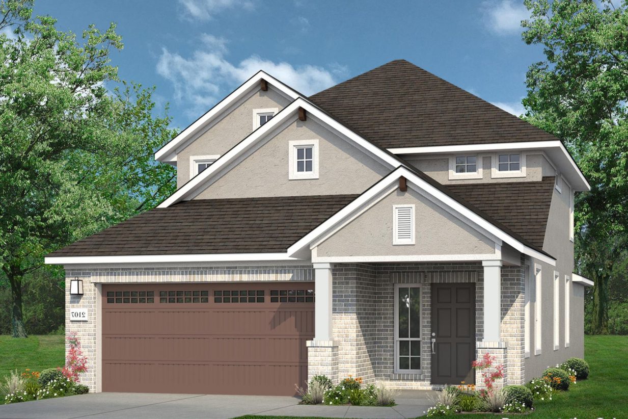 Rendering of two-story home with tan stucco and light brick with dark front door and brown garage door