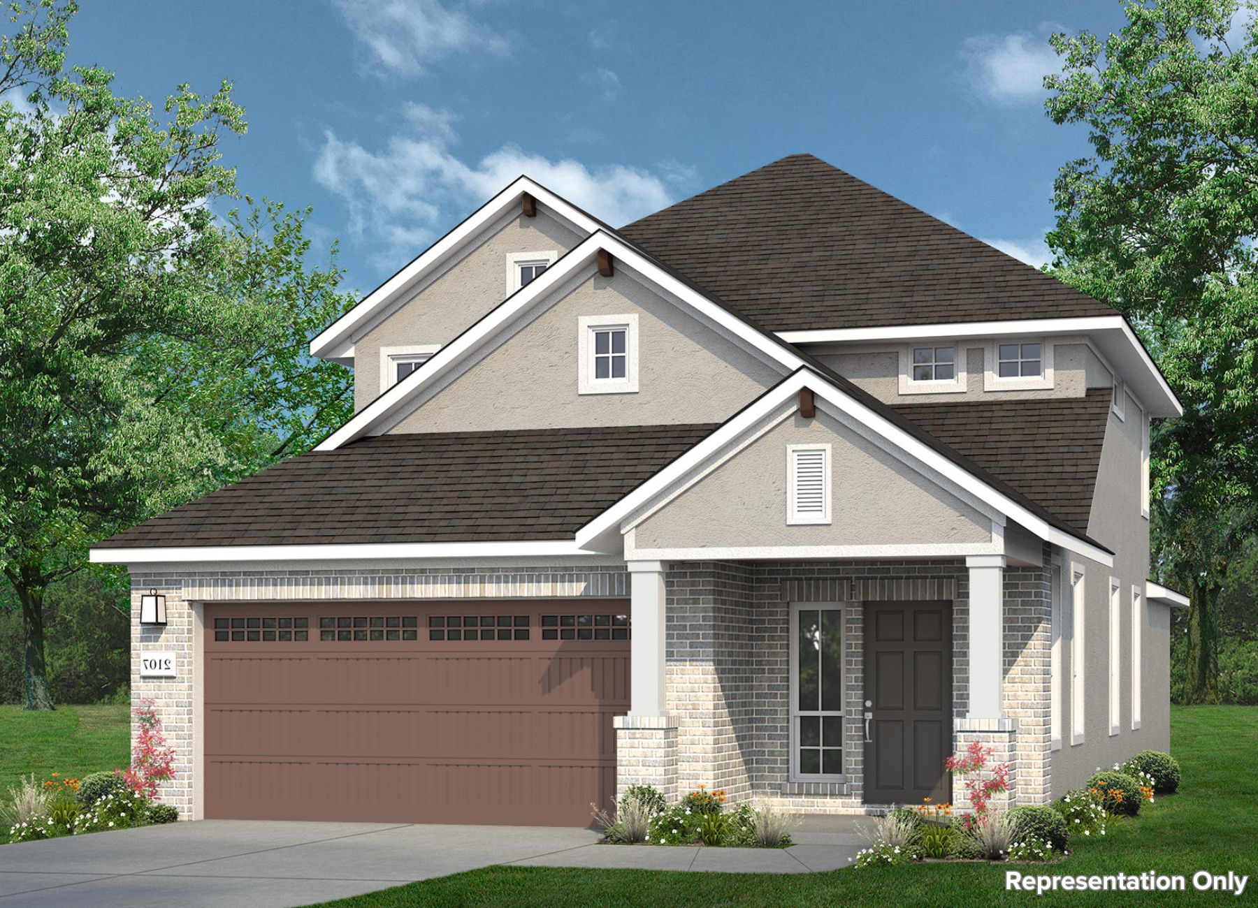 Rendering of two-story home with tan stucco and light brick with dark front door and brown garage door