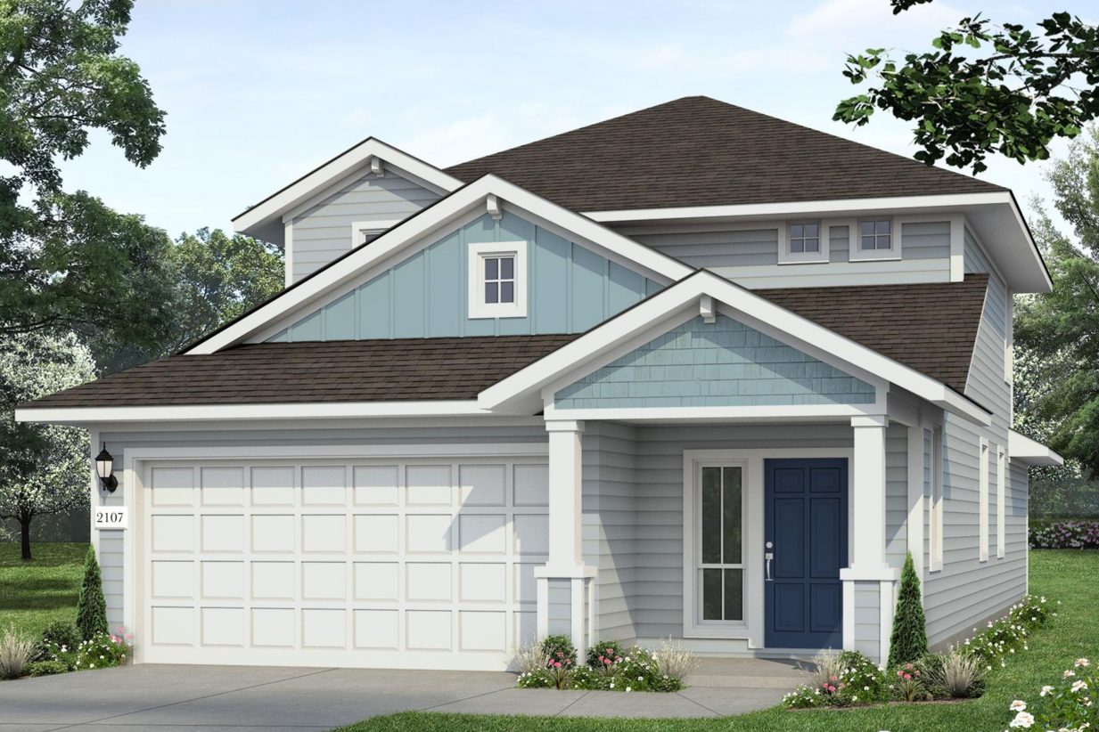 Rendering of two-story home with two-tone blue siding and accents with blue front door and white trim and garage door