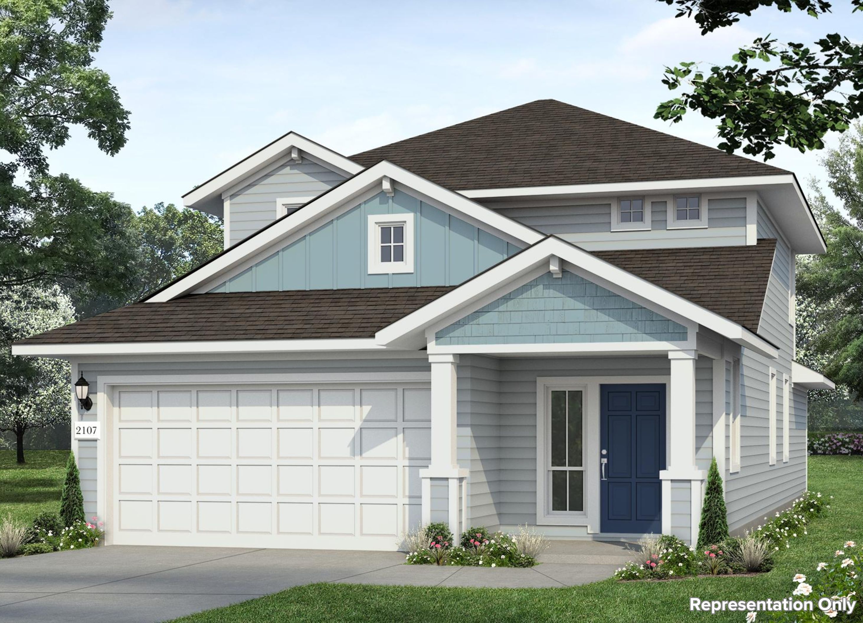 Rendering of two-story home with two-tone blue siding and accents with blue front door and white trim and garage door