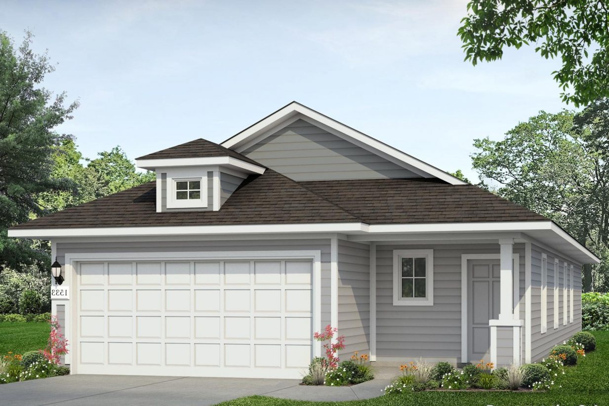 Rendering of one-story home with grey siding and front door, white garage door, driveway, landscaping, and sky