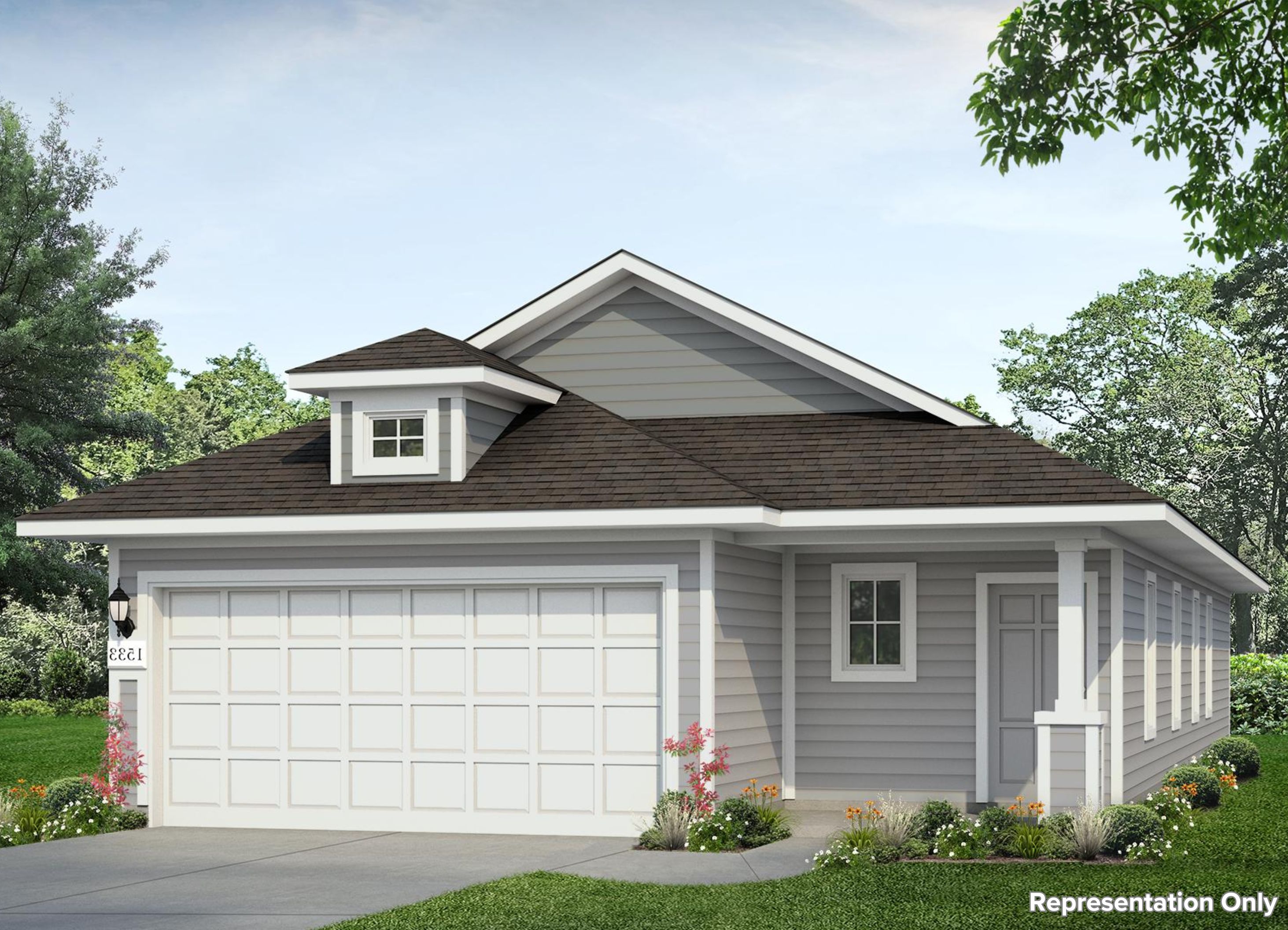 Rendering of one-story home with grey siding and front door, white garage door, driveway, landscaping, and sky