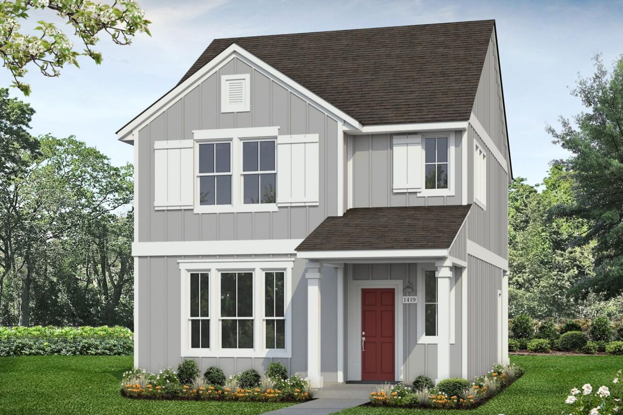 Rendering of two-story grey home with white trim and red front door