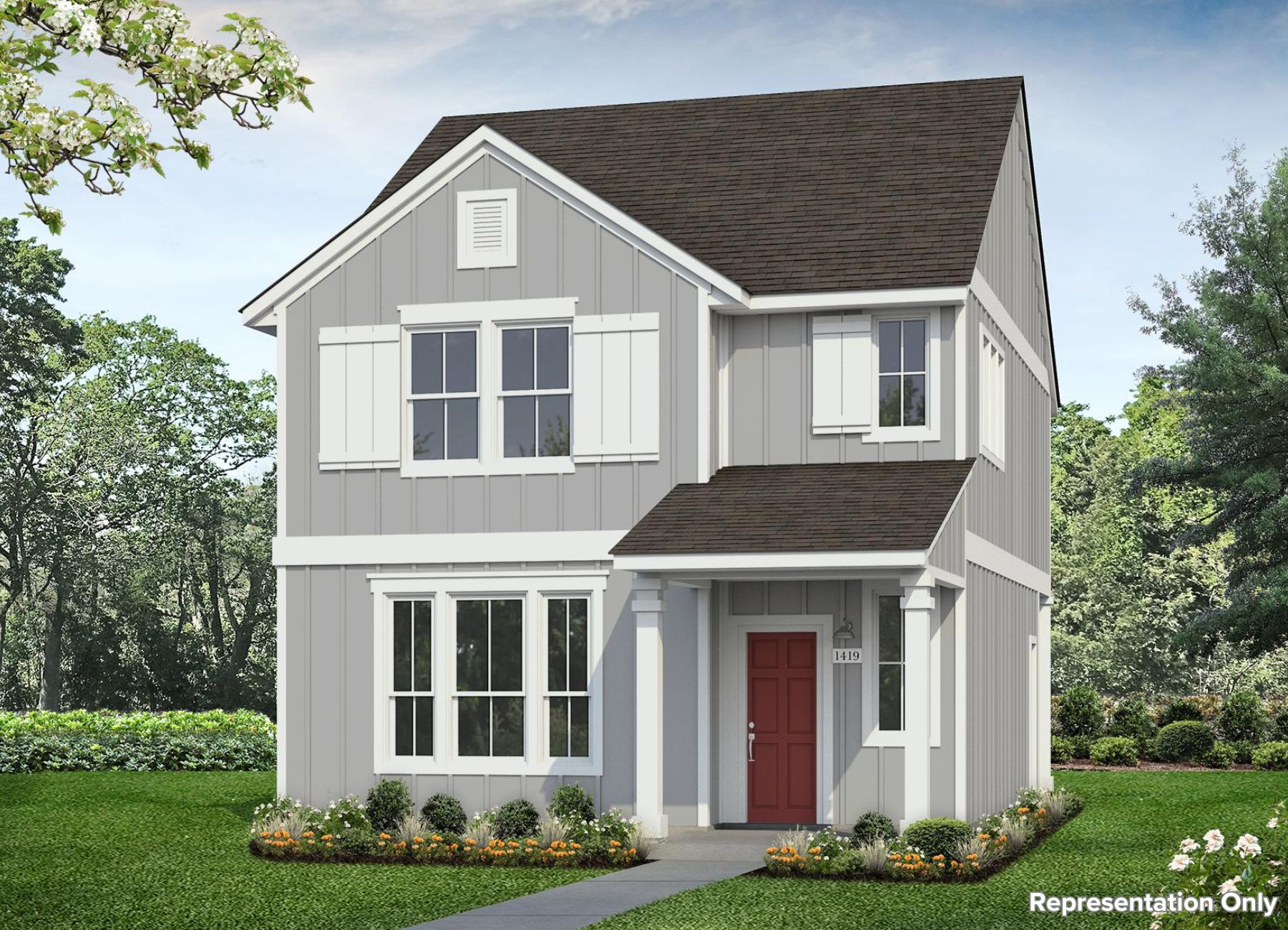 Rendering of two-story grey home with white trim and red front door