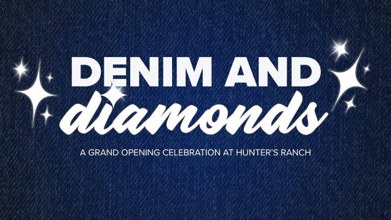 Title card with denim background and white text "Denim and diamonds A GRAND OPENING CELEBRATION AT HUNTER’S RANCH" with white sparkles on either side of the text