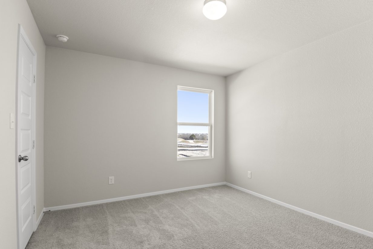 Image of a bedroom with light grey walls, tan carpeting and a window