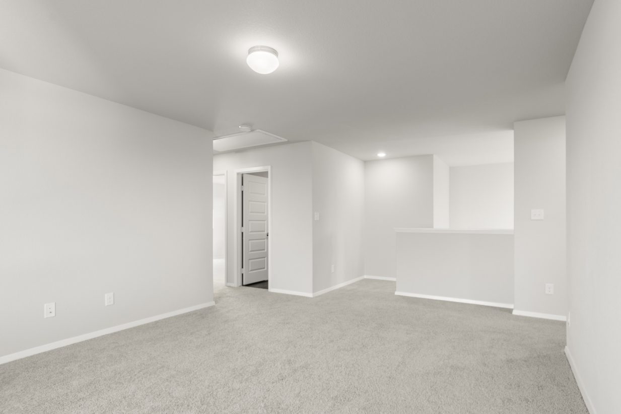Image of an upstairs flex space with tan carpeting and light grey painted walls