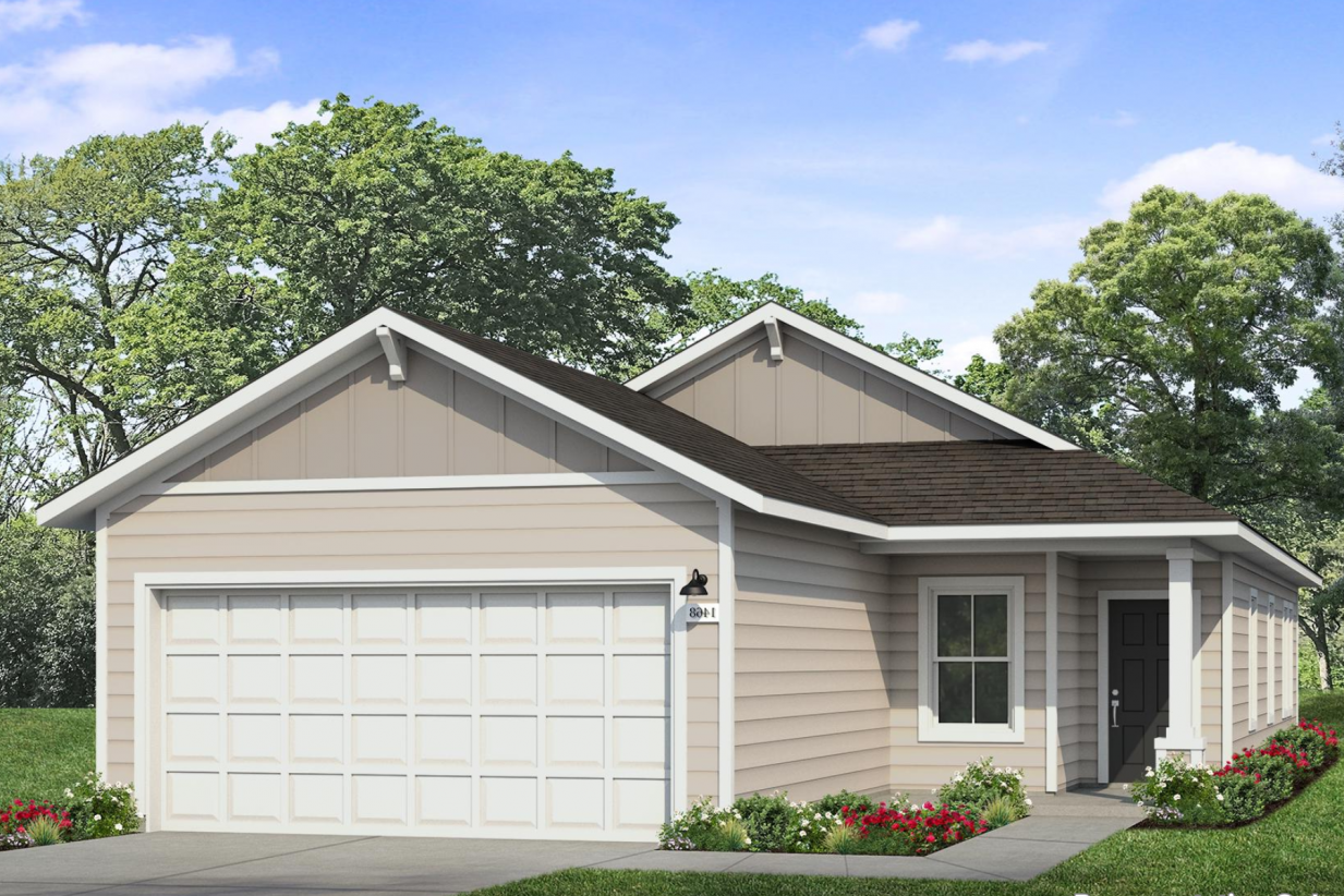 Image of a rendering of a tan one story house