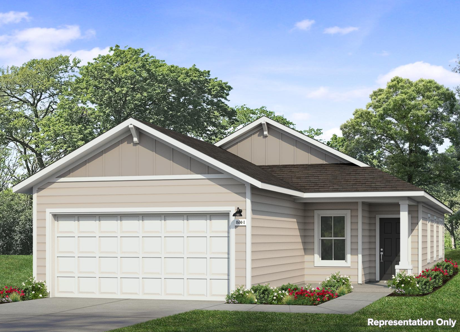 Image of a rendering of a tan one story house