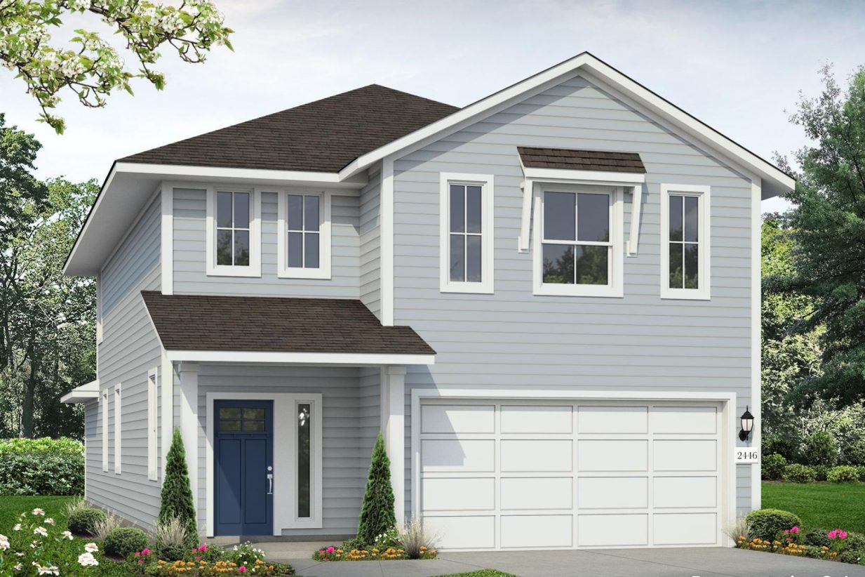 Rendering of a two story blue home with a dark blue door and white garage