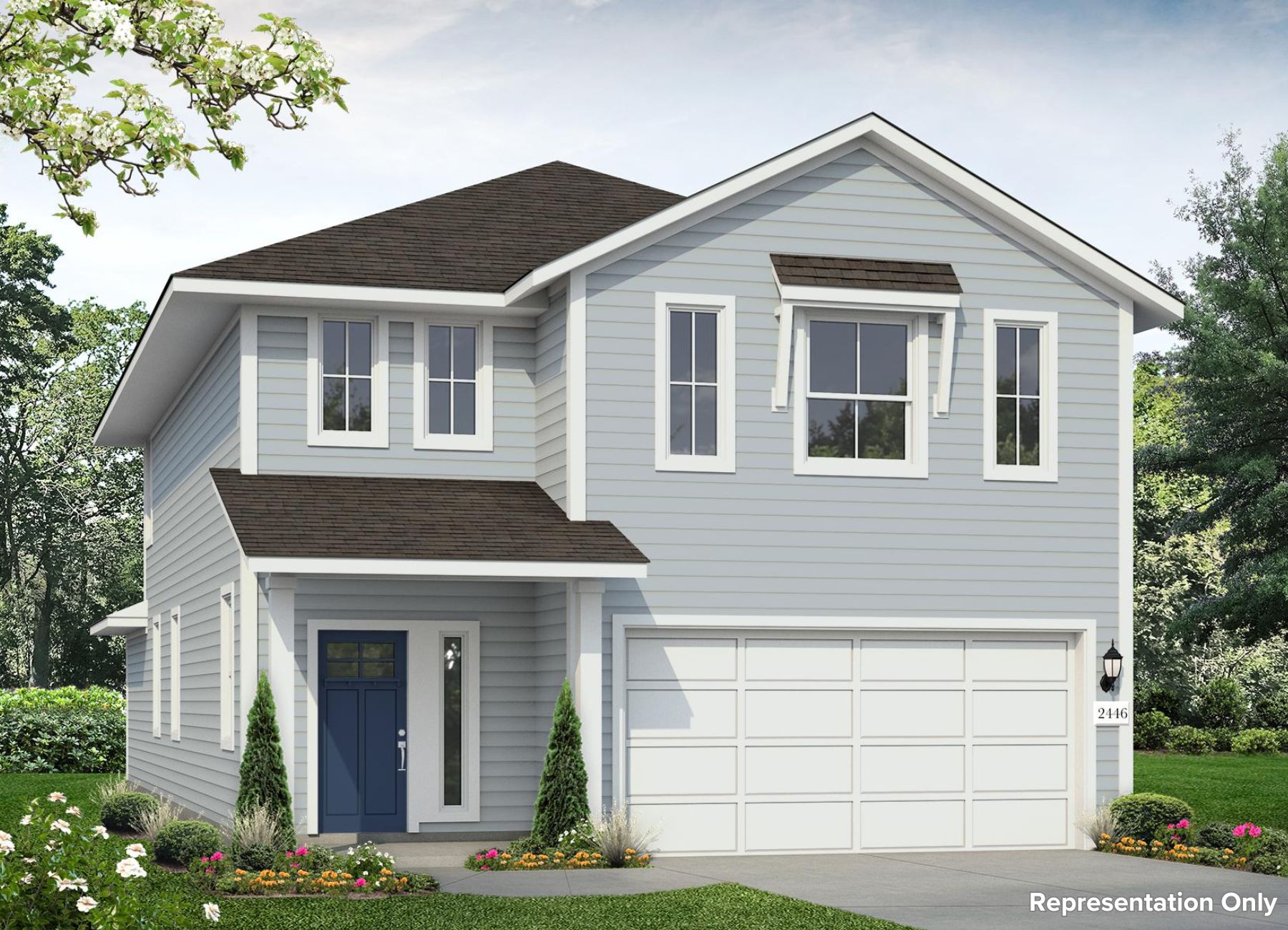 Rendering of a two story blue home with a dark blue door and white garage