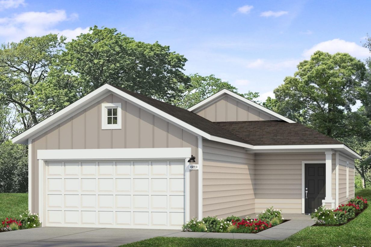 Image of a tan one story home rendering with a black front door and a white garage