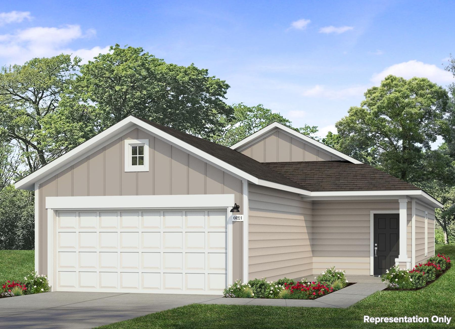 Image of a tan one story home rendering with a black front door and a white garage