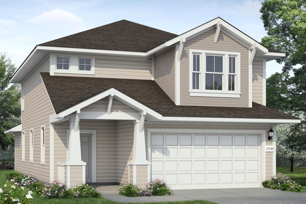 Rendering of two story light brown home with white trim and garage door, grey front door, landscaping, and sky