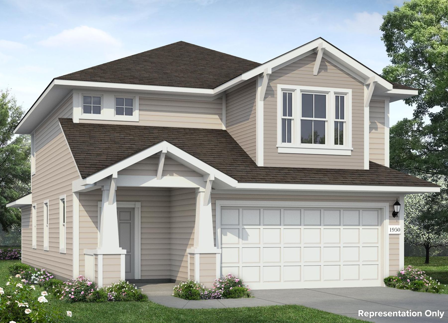 Rendering of two story light brown home with white trim and garage door, grey front door, landscaping, and sky