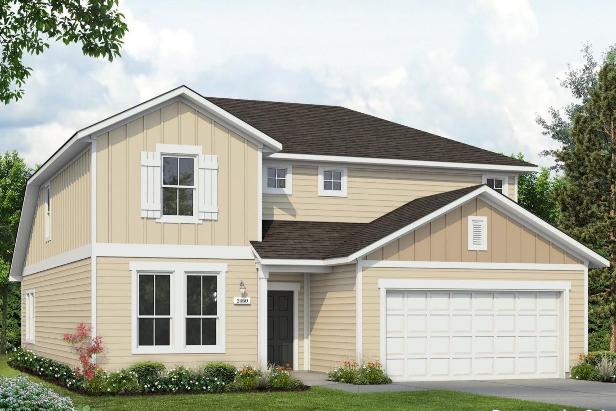 Rendering of two-story home with warm yellow siding and tan accent, white trim and garage door, and black front door with landscaping and sky