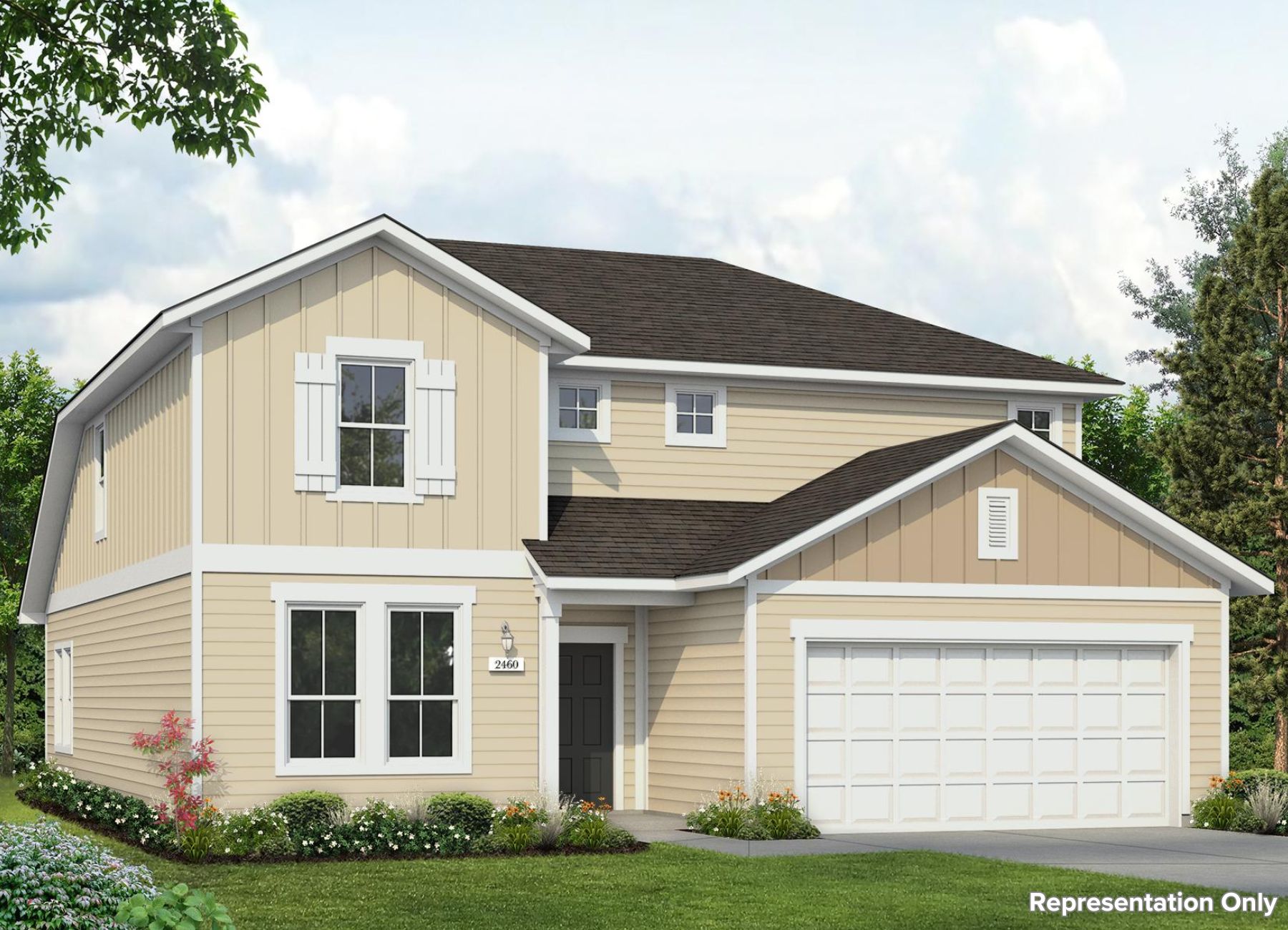 Rendering of two-story home with warm yellow siding and tan accent, white trim and garage door, and black front door with landscaping and sky