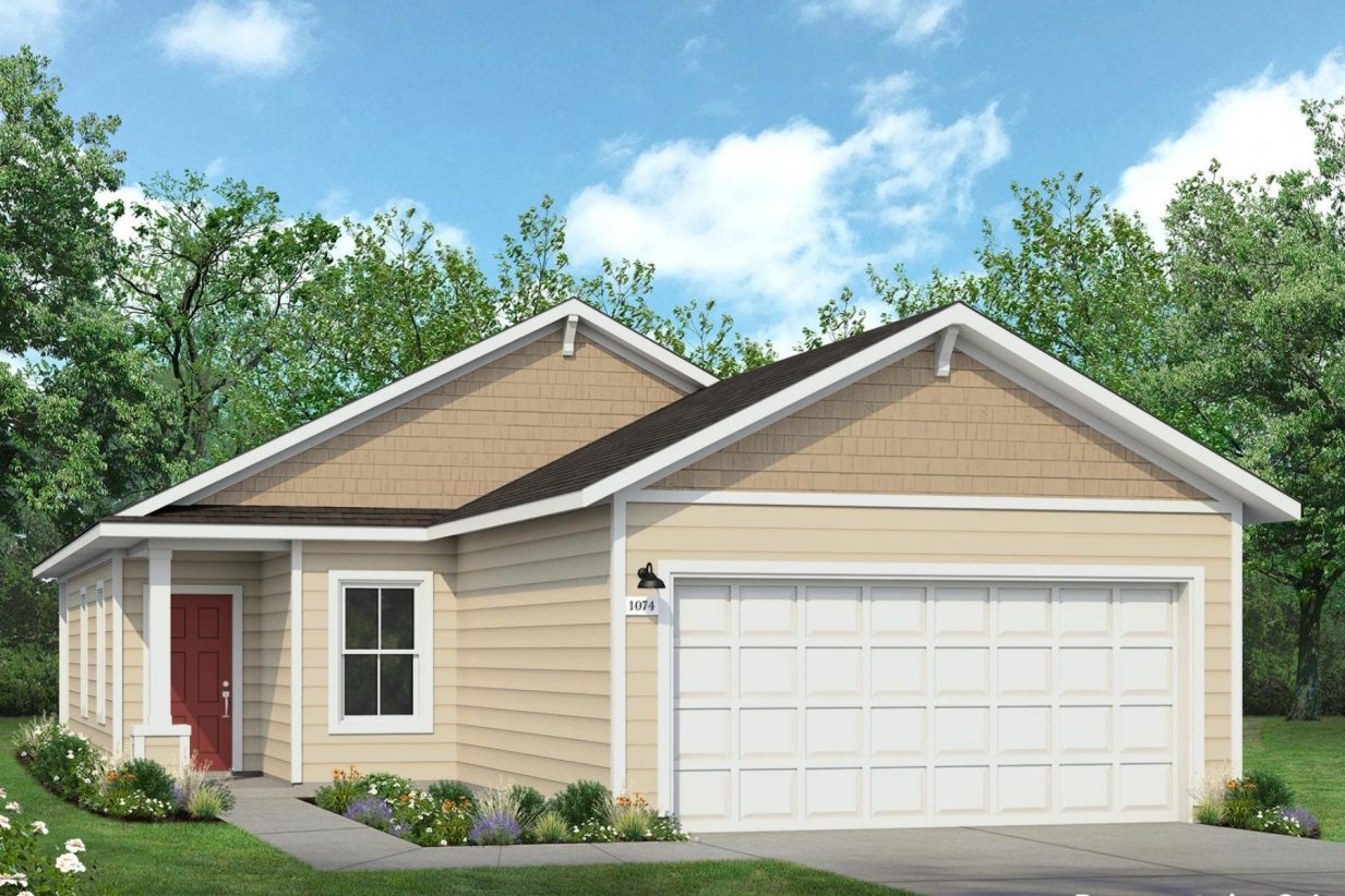 Rendering of one-story two-tone beige home with white trim and garage door and red front door with landscaping and sky
