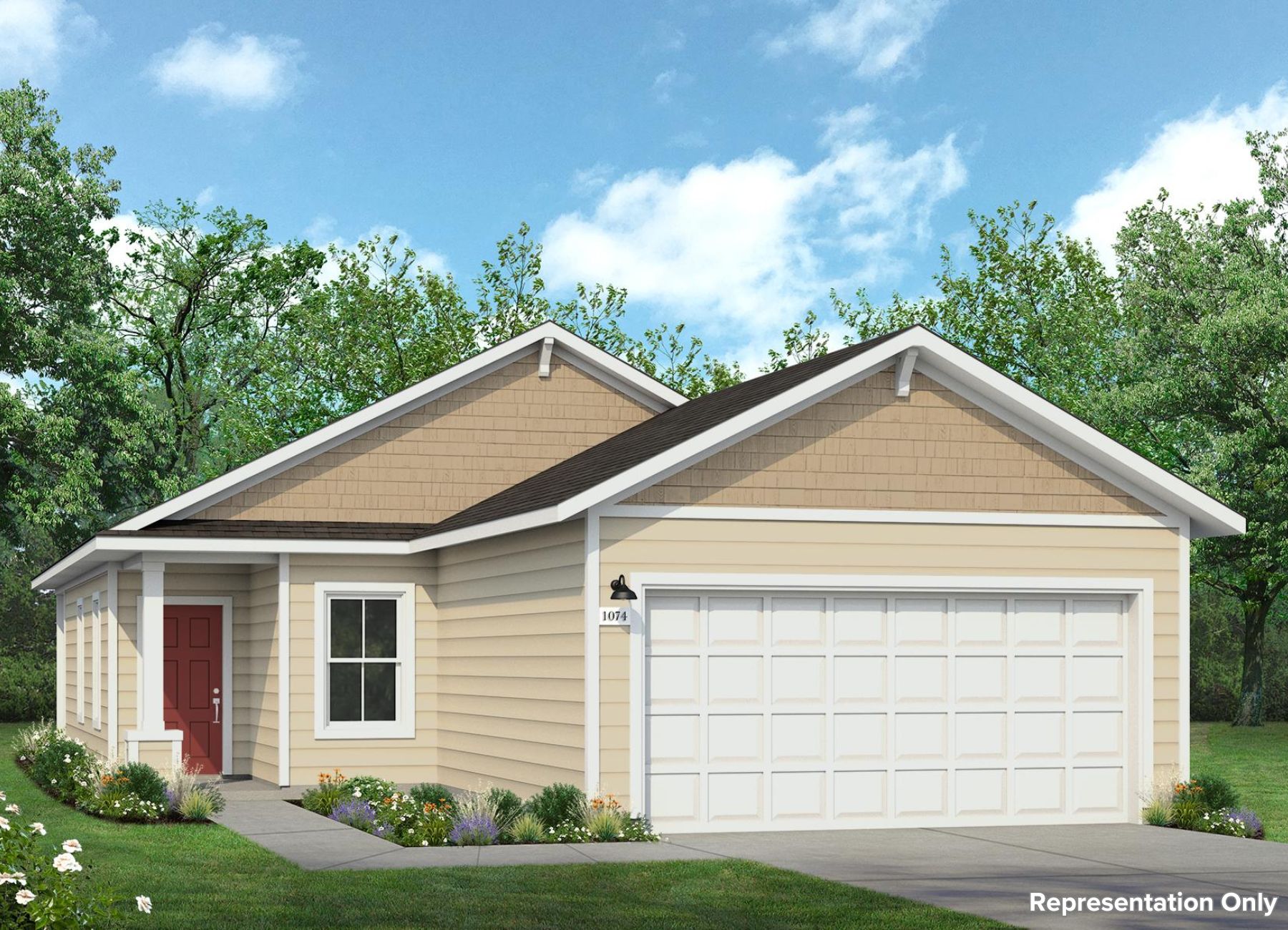 Rendering of one-story two-tone beige home with white trim and garage door and red front door with landscaping and sky