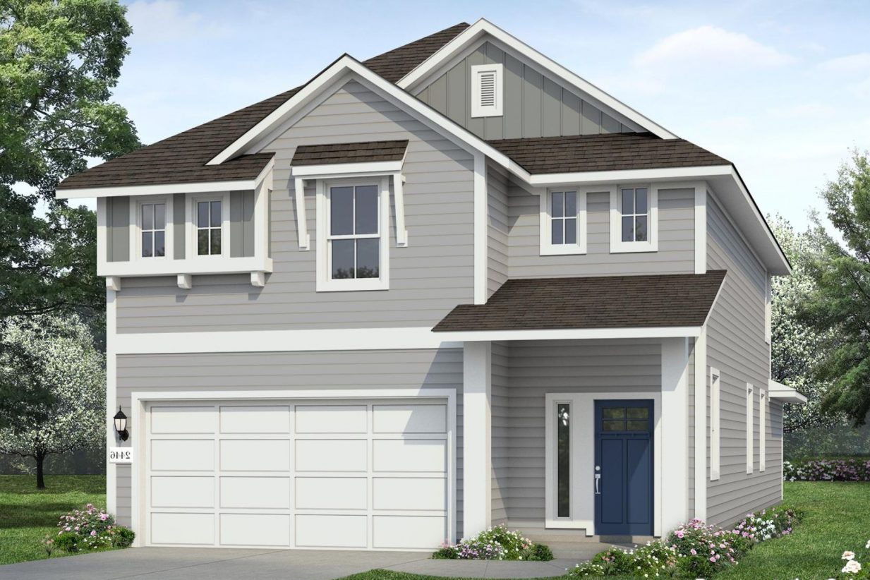 Rendering of two-story two-tone grey home with white trim and garage door and blue front door with landscaping and sky