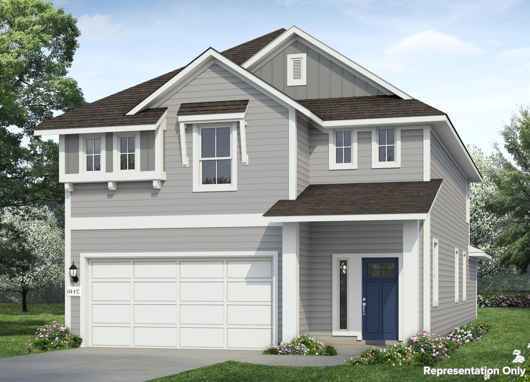 Rendering of two-story two-tone grey home with white trim and garage door and blue front door with landscaping and sky