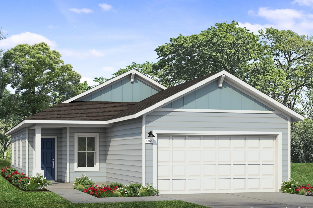 Image of a rendering of a blue one story home with white trim and and a dark blue door