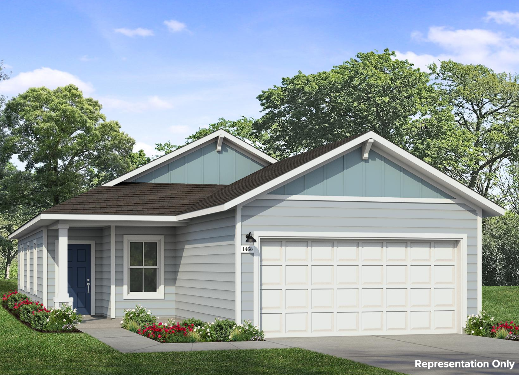 Image of a rendering of a blue one story home with white trim and and a dark blue door