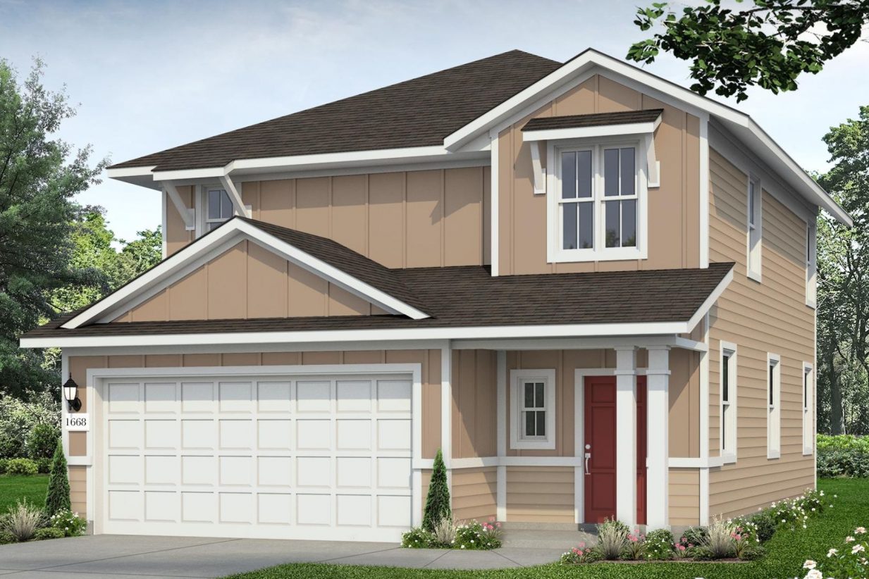 Rendering of two-story home with siding and board and batten, white trim and garage door, and red front door with landscaping and sky