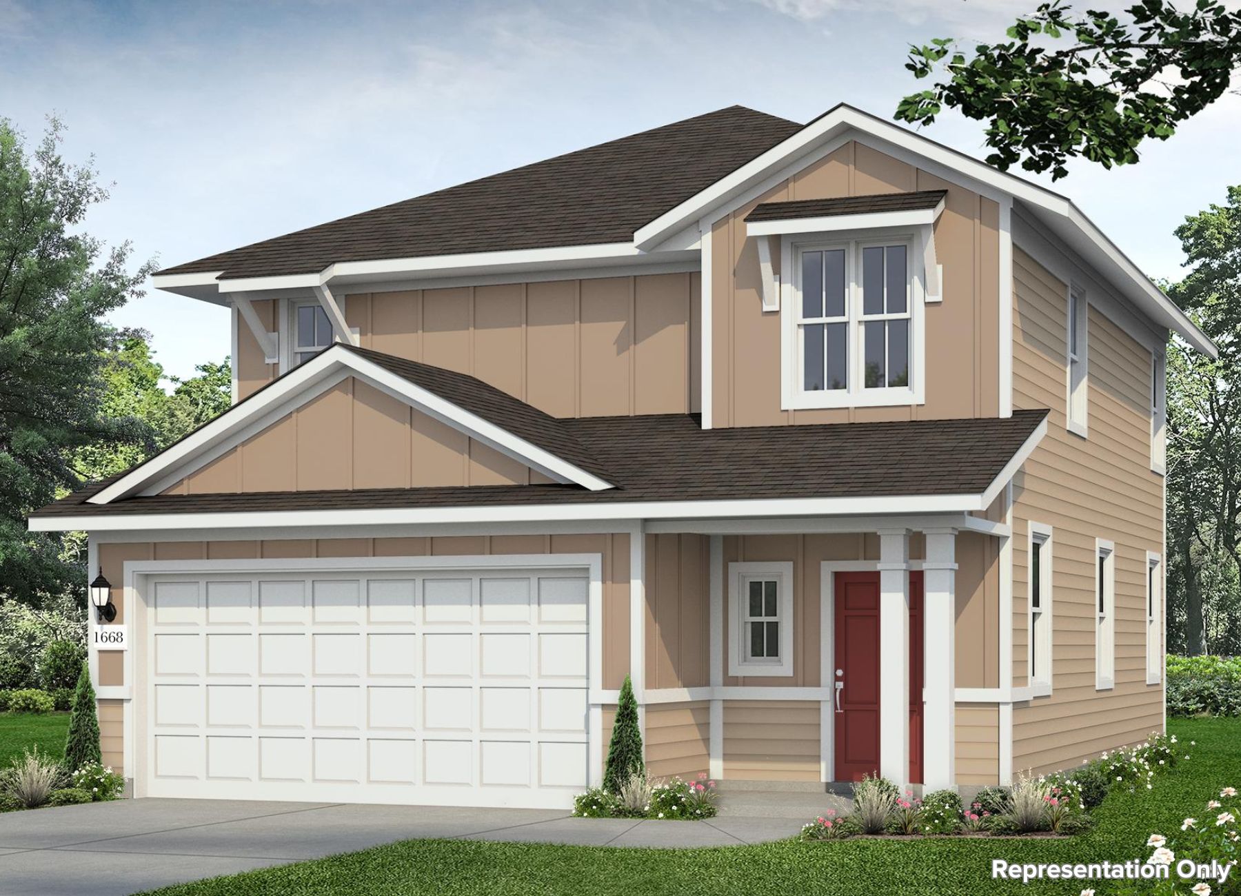 Rendering of two-story home with siding and board and batten, white trim and garage door, and red front door with landscaping and sky