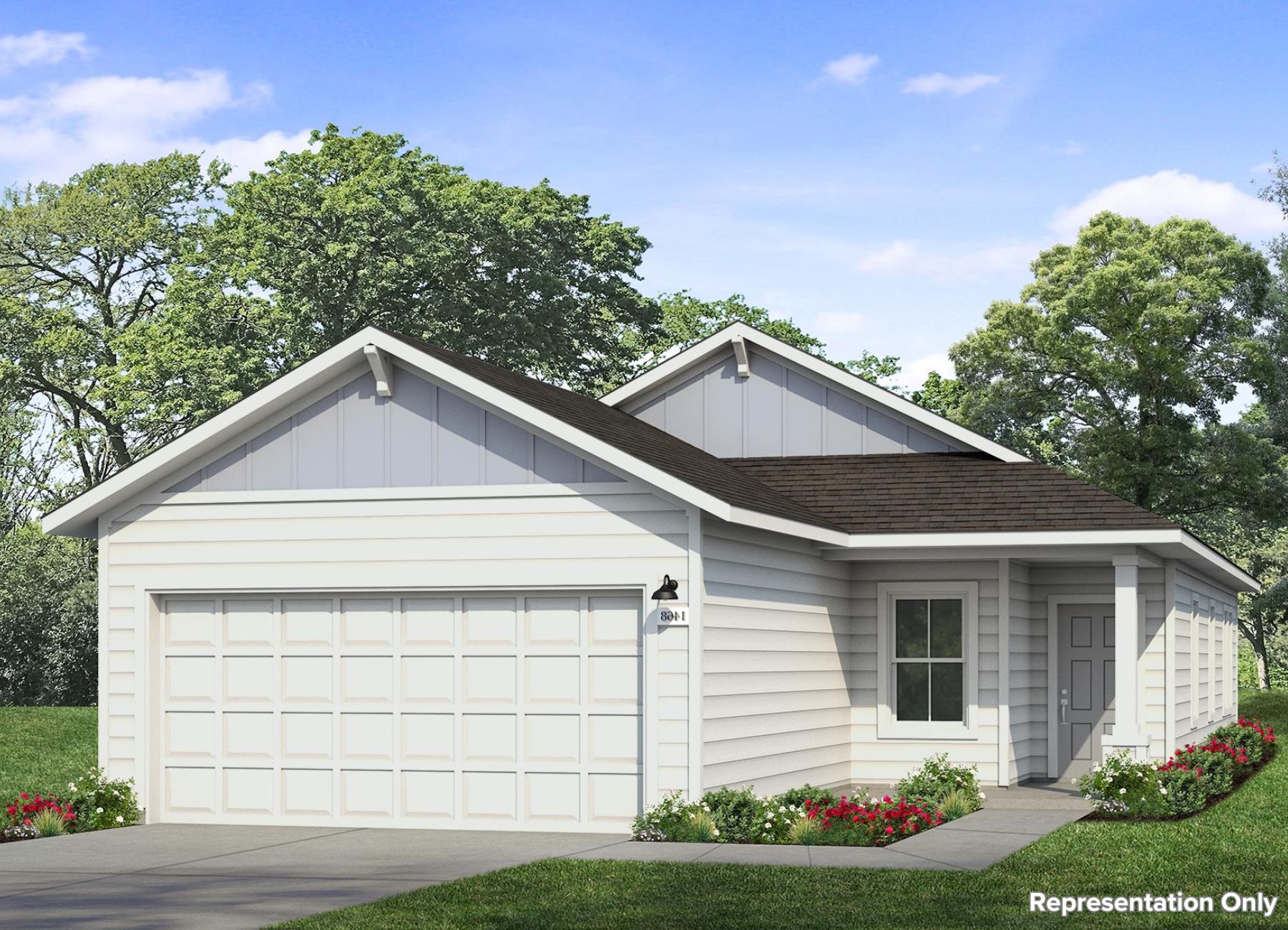 Image of one-story home with white siding, trim, and garage door, blue accent, and grey front door with landscaping and sky