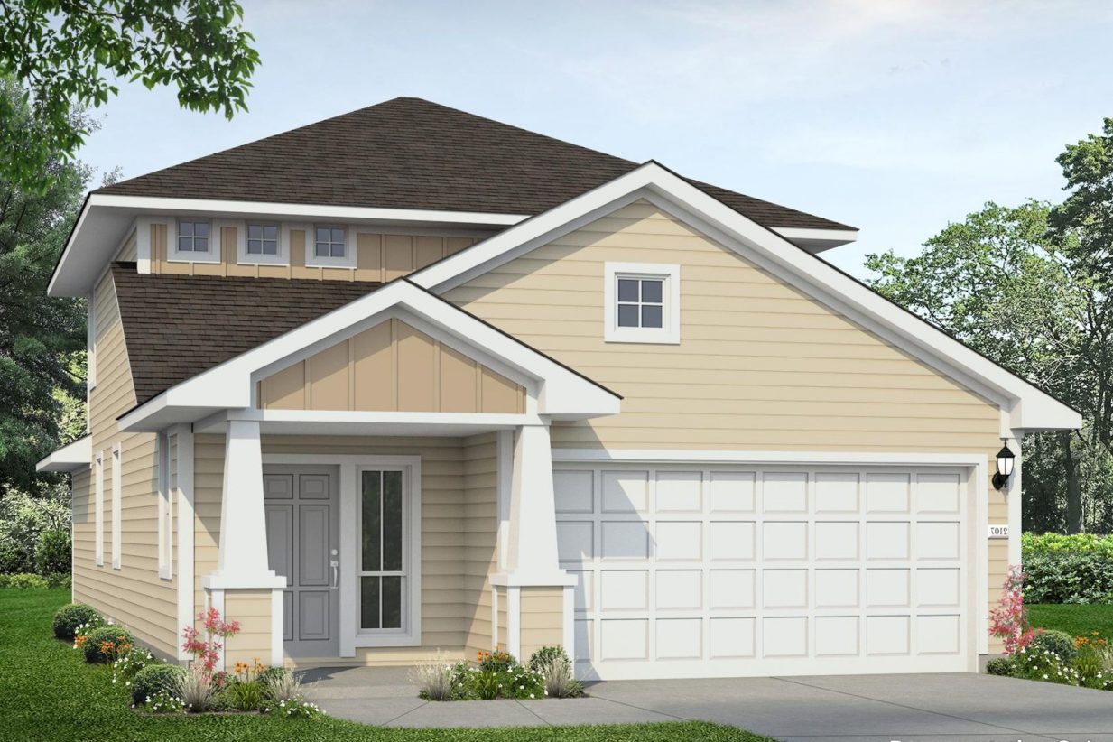 Rendering of two-story two-tone tan home with white garage and pillars and grey front door