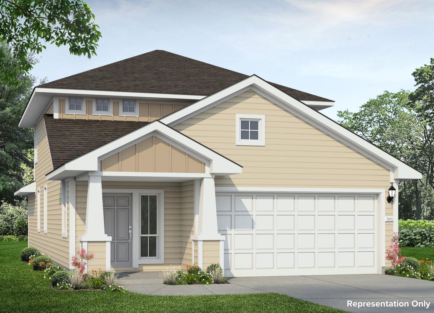 Rendering of two-story two-tone tan home with white garage and pillars and grey front door