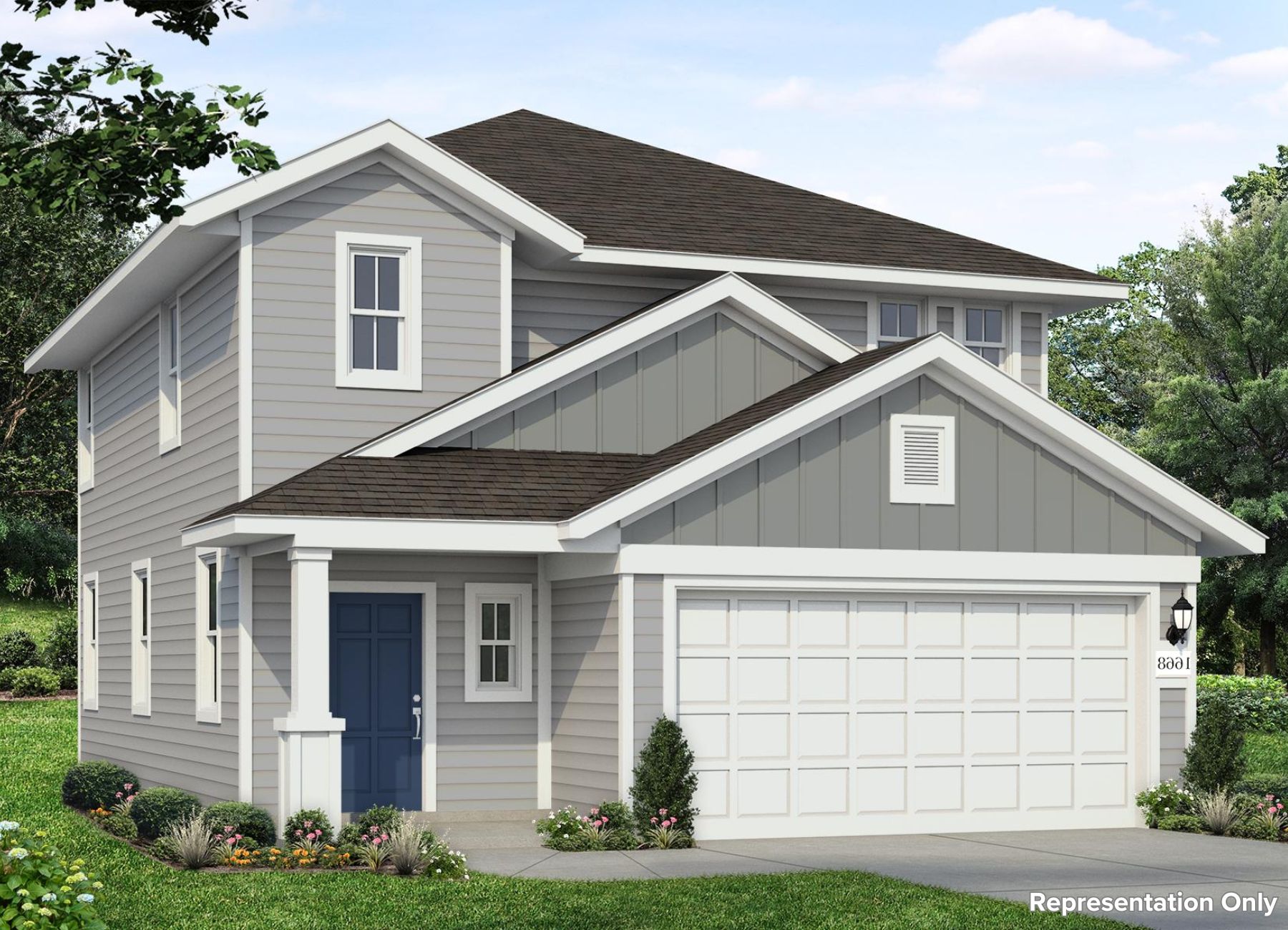 Rendering of two-story two-tone grey home with white trim and garage door and blue front door with landscaping and sky