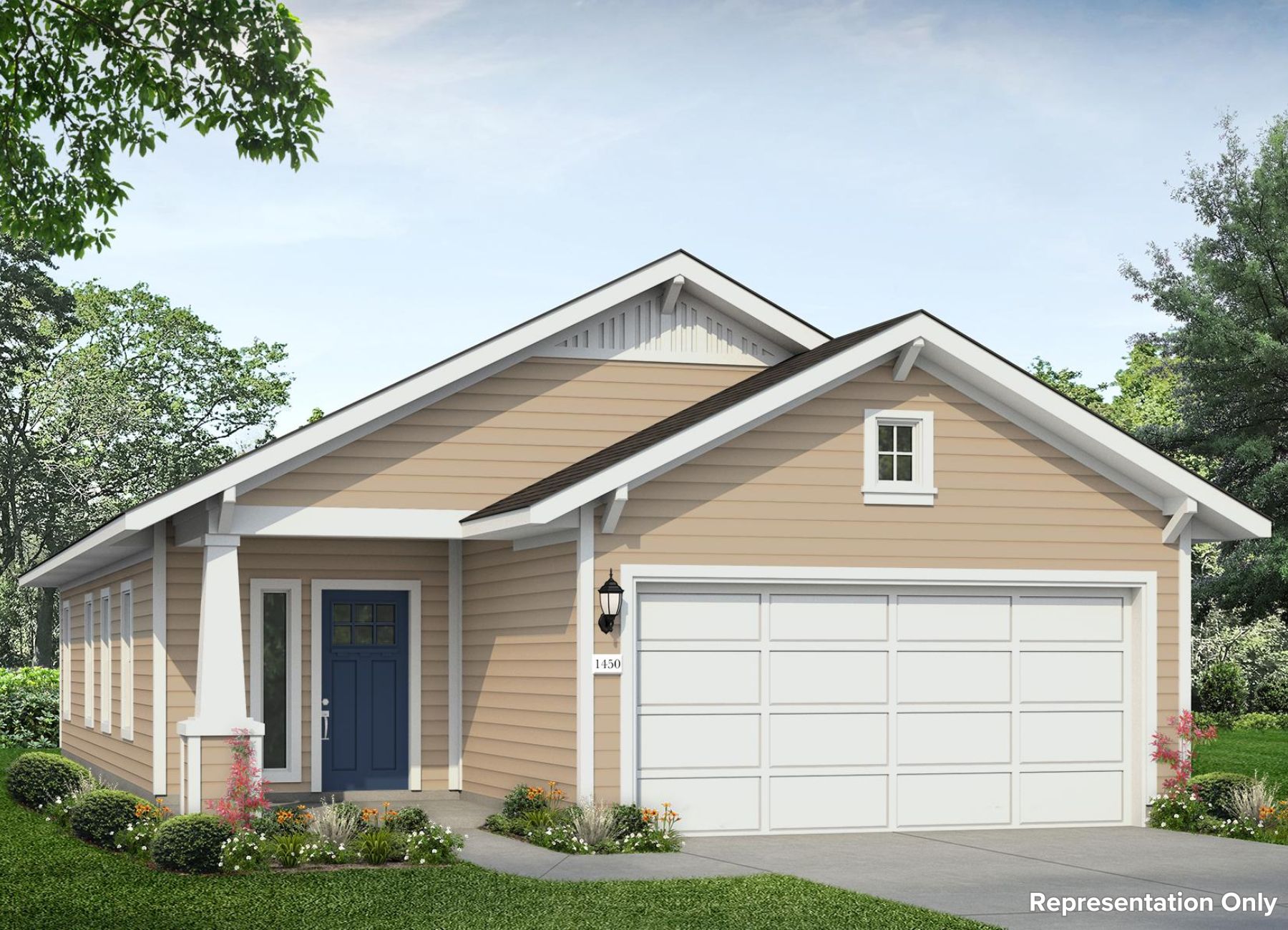 Rendering of one-story beige home with white trim and garage door and blue front door with landscaping and sky