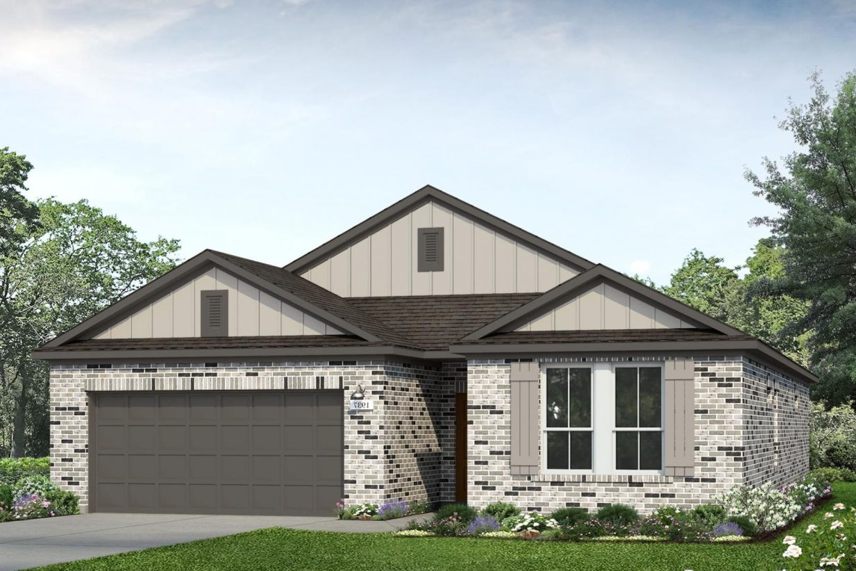 Rendering of one-story home with warm greige board and batten and grey tone bricks with landscaping and sky