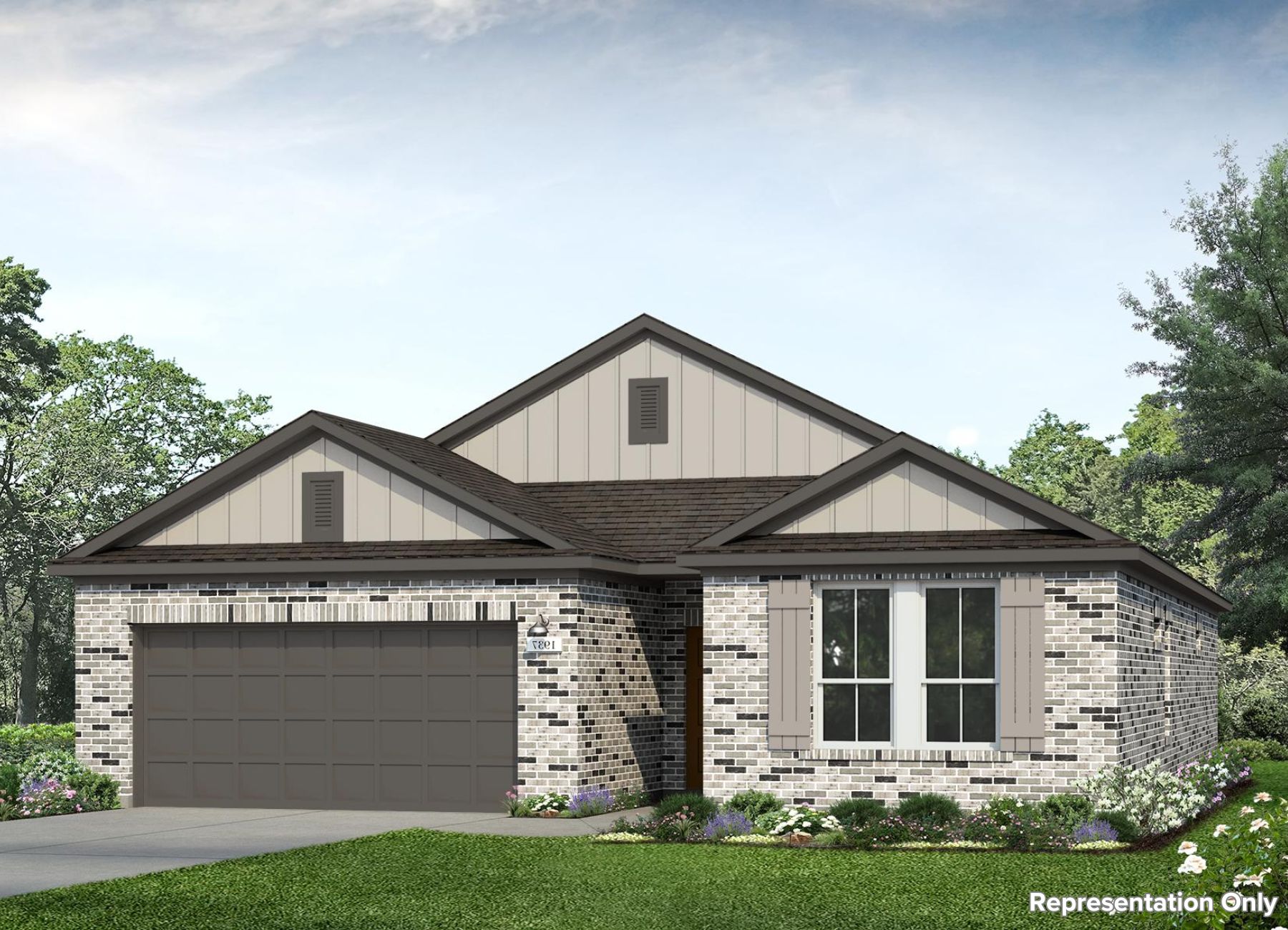 Rendering of one-story home with warm greige board and batten and grey tone bricks with landscaping and sky