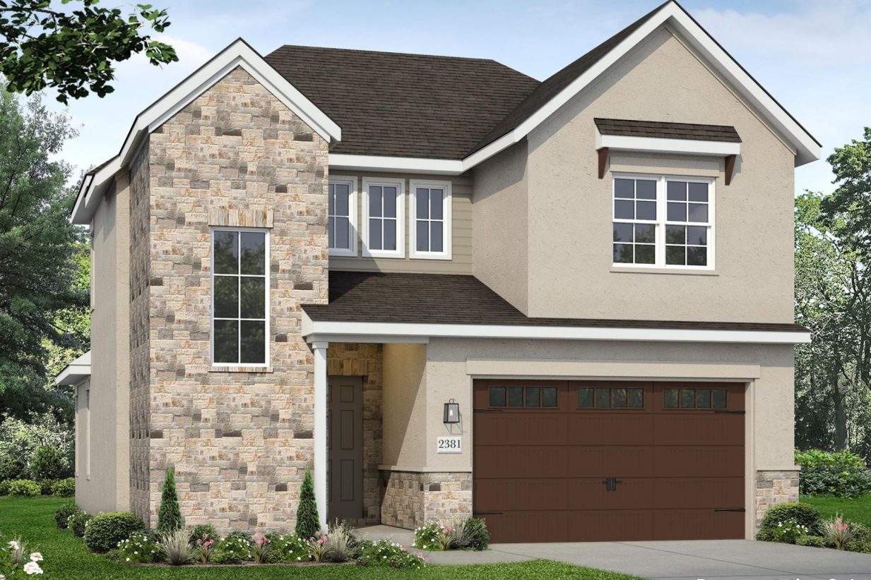 Rendering of two-story home with tan stucco and stone accent with brown garage door, landscaping, and sky