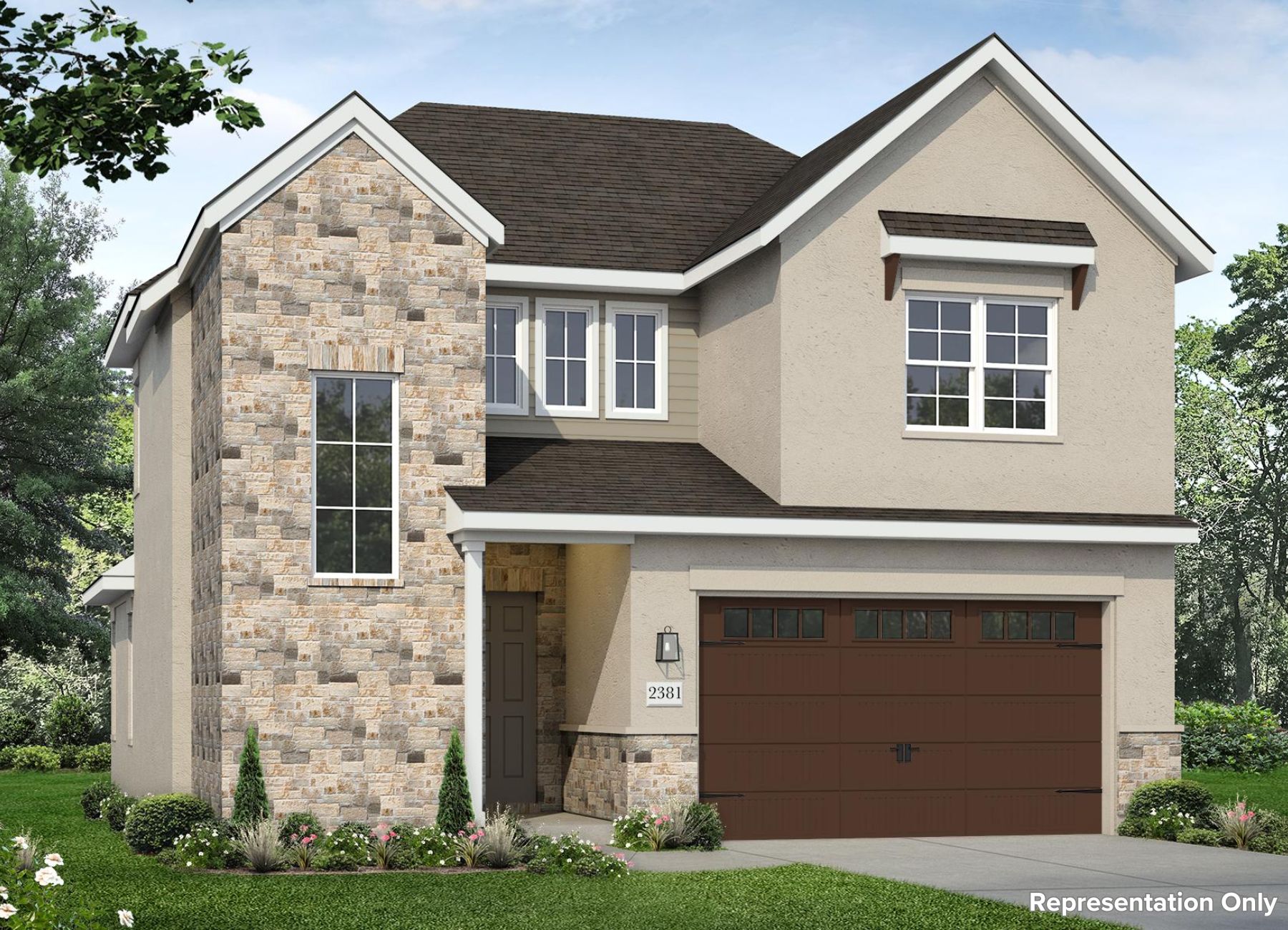 Rendering of two-story home with tan stucco and stone accent with brown garage door, landscaping, and sky
