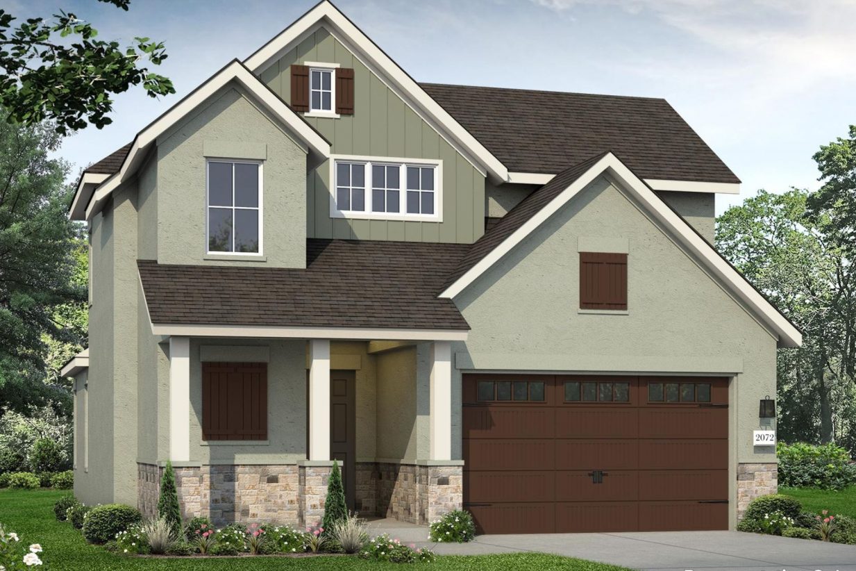 Rendering of two-story home with green stucco, stone accent, and brown garage door with landscaping and sky