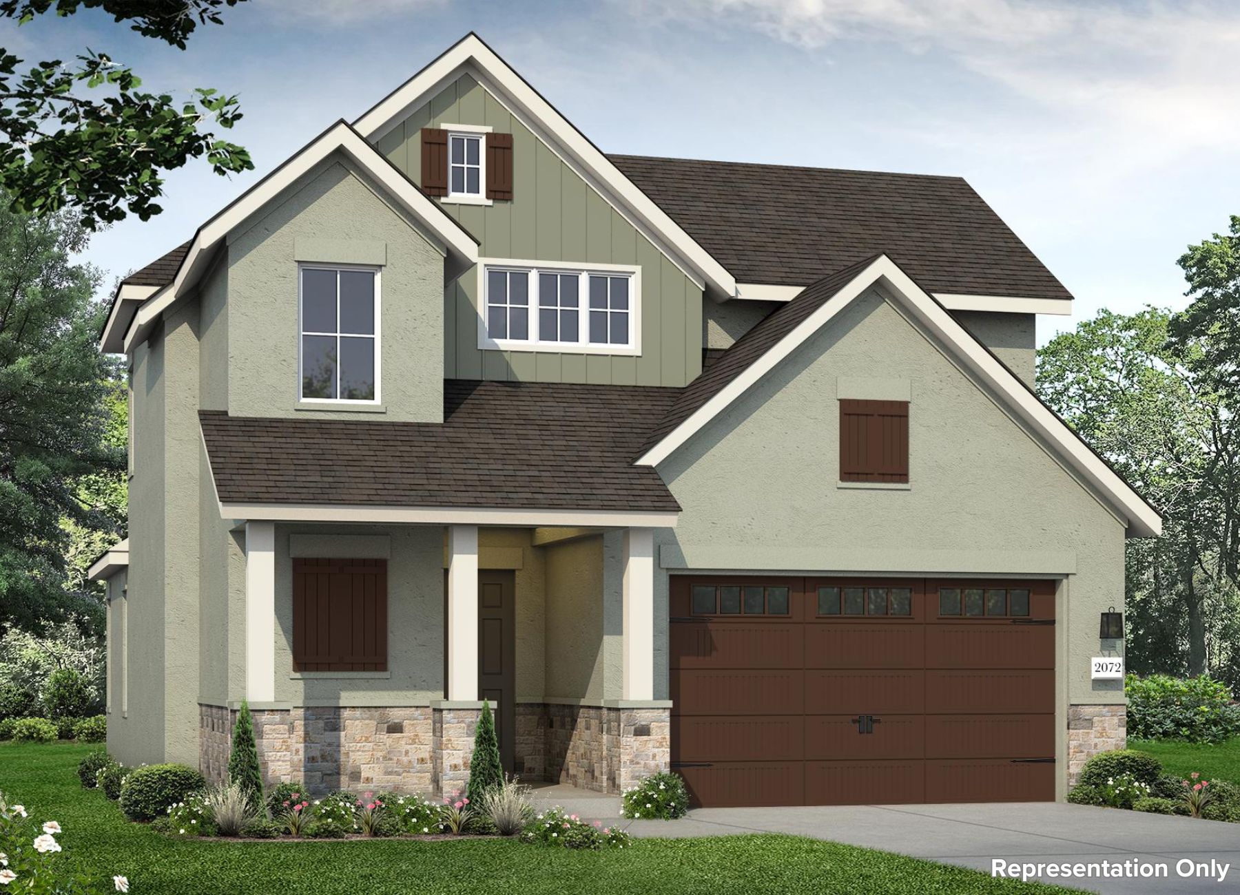 Rendering of two-story home with green stucco, stone accent, and brown garage door with landscaping and sky