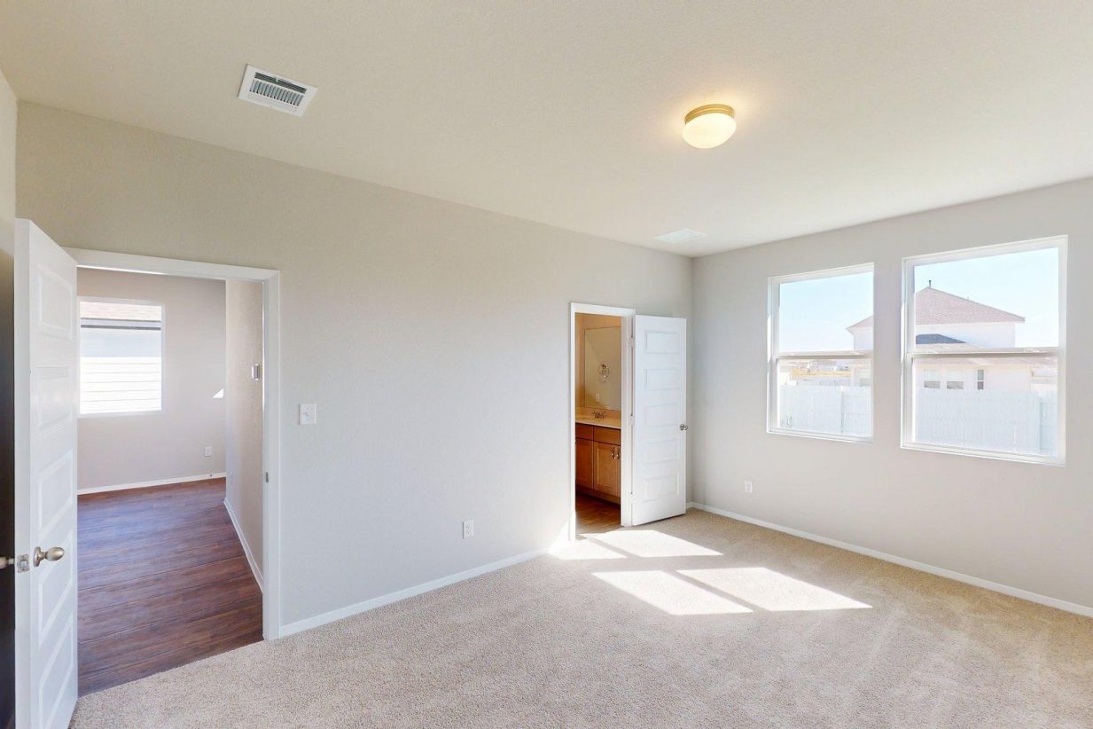 Image of primary bedroom with tan carpeting and light grey painted walls with windows and a connecting primary bathroom
