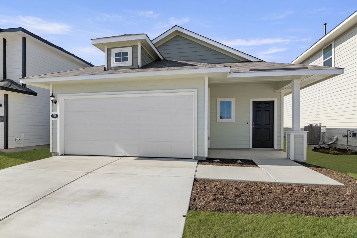 Image of a light green one story house with a white garage door, a black front door, a cement driveway, and a blue sky in the background