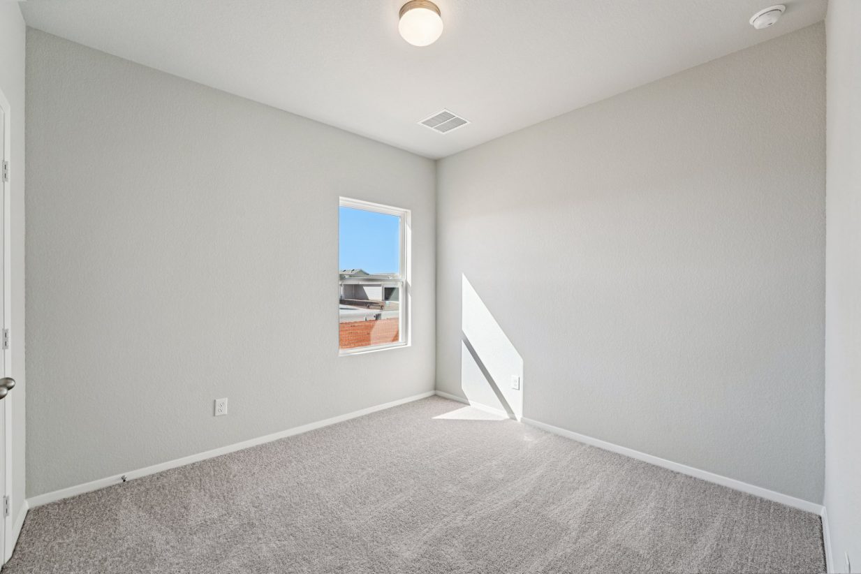 Image of a bedroom with grey walls, tan carpeting and a window