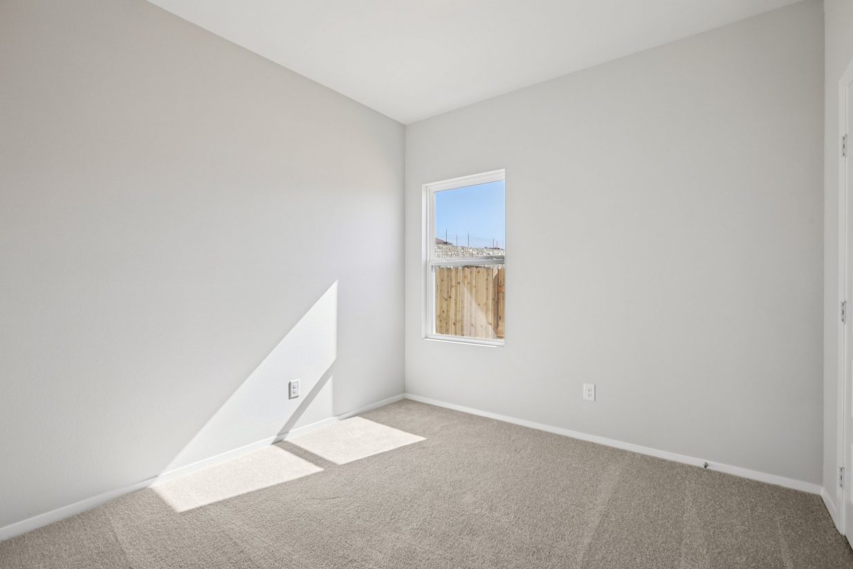 Image of a bedroom with light grey walls, tan carpeting, a window and white trim