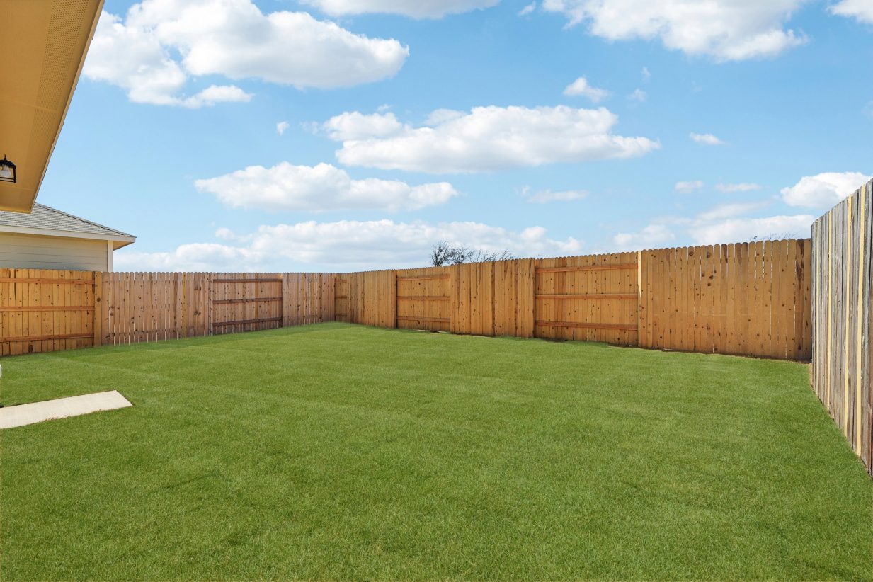 Image of a backyard with green grass, a wooden fence and a blue sky in the background