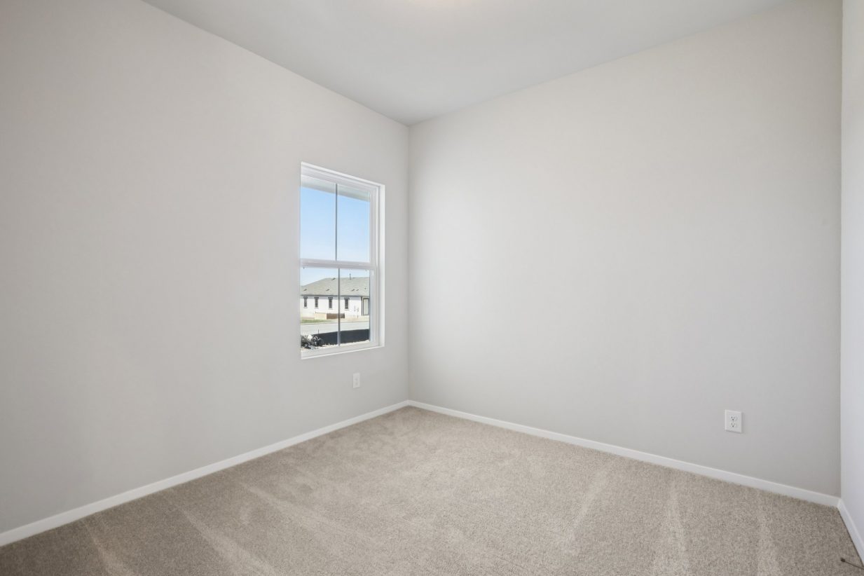 Image of a bedroom with light grey walls, tan carpeting, a window and white trim