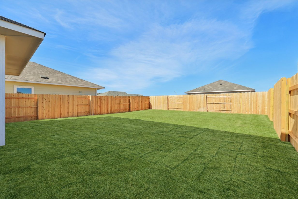Image of a green grass backyard with a wooden fence and a blue sky in the background