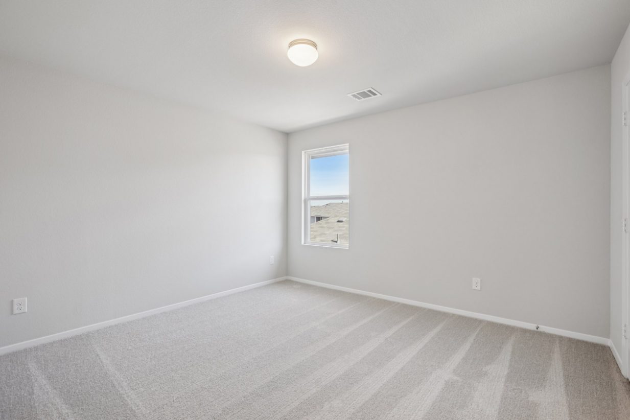 Image of a bedroom with grey walls, tan carpeting, a window and white trim