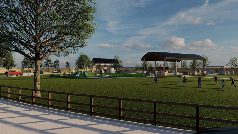 Rendering of Azalea community recreation center with paviliion, blue slides, surrounded by green grass, trees, and a brown fence, with a blue sky with clouds.